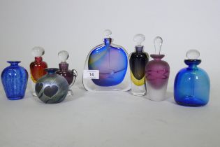A collection of scent bottles, David Wallace, urn shaped bottle, squat blue bottle, Keith Bowlby (no