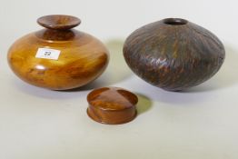 Treen, a New Zealand Rimu and Totana burr wood turned pot, signed to base Jim Ross, 19cm diameter,