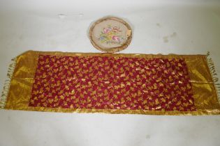 A silk table throw with gilt thread embroidered decoration, 54 x 174cm and a vintage embroidered