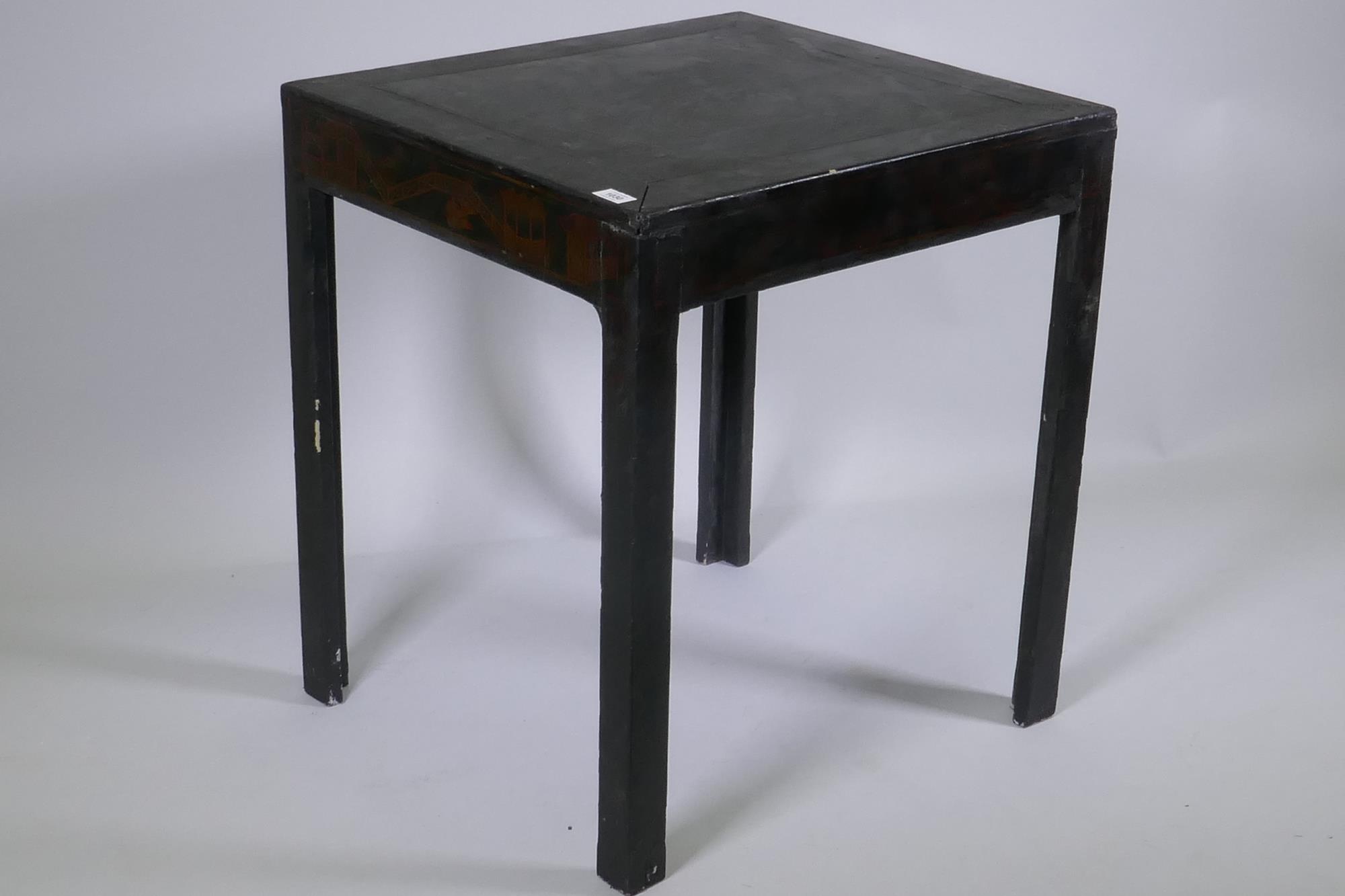 An antique black lacquer chinoiserie table, 63 x 63cm, 70cm high