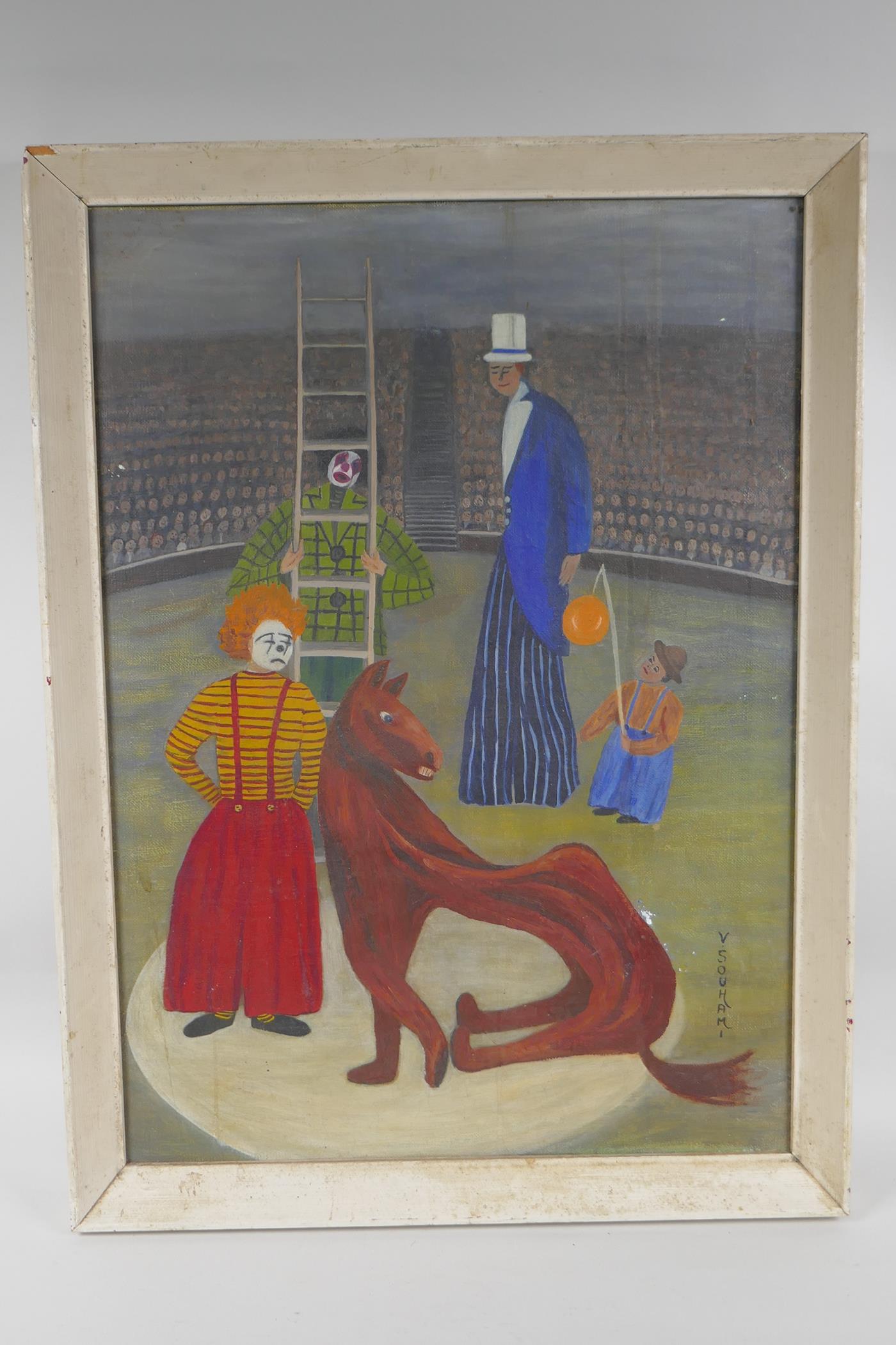 Violet Souhami, naive circus scene, oil on canvas, 40 x 55cm - Image 3 of 5