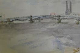 Battersea Bridge and Chelsea Flour Mills from the River, watercolour, inscribed indistinctly, mid