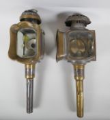 A pair of antique brass and steel coach lamps with bevelled glass panels, 44cm