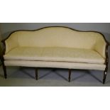 A Hepplewhite style humpback settee with scroll arms, raised on tapering supports, 200cm wide