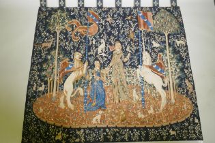 A hand woven pure wool Aubusson style tapestry with lion and unicorn design, 180 x 168cm