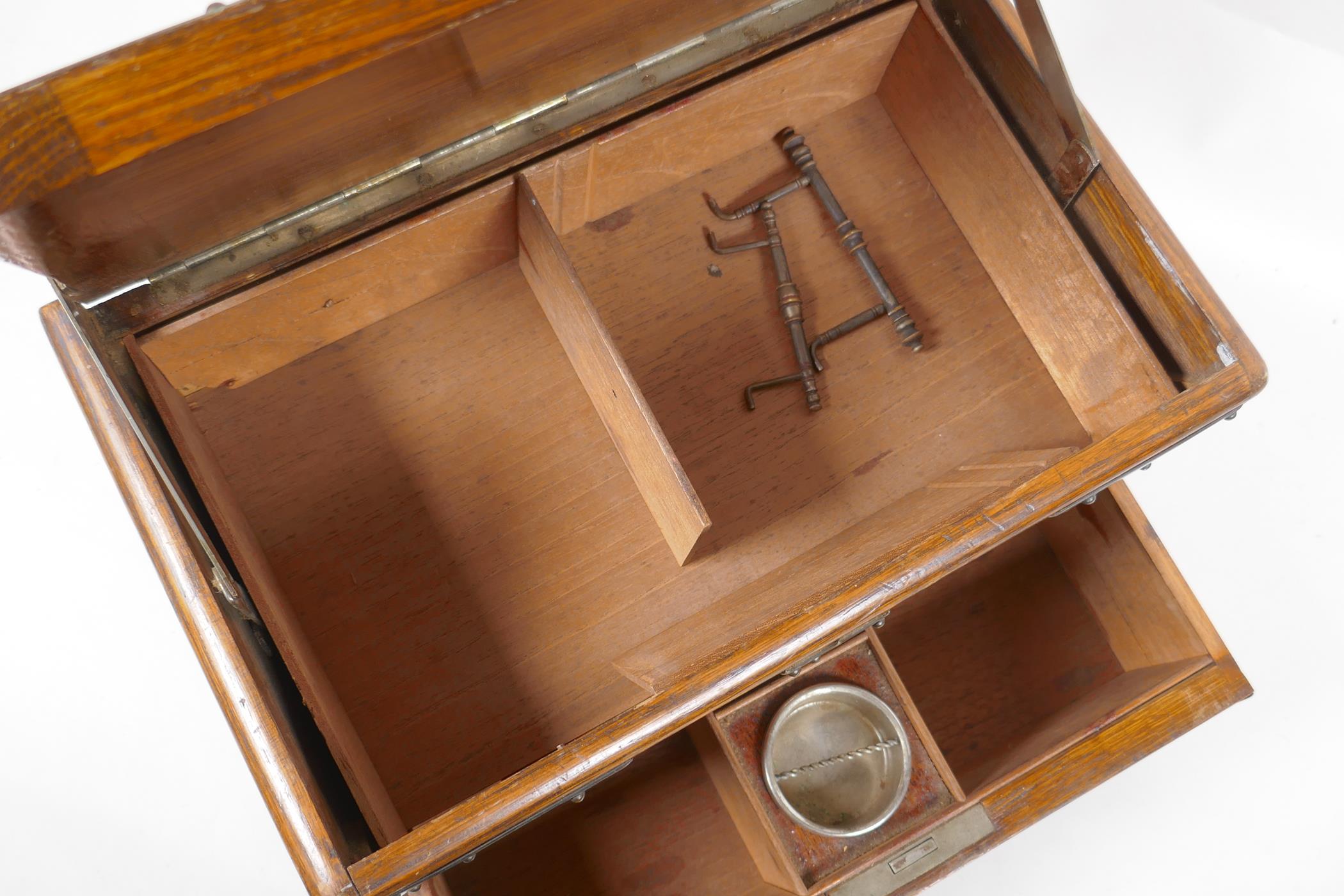 An antique oak smokers companion box with silver plated mounts, 33 x 20cm, 18cm high - Image 3 of 4