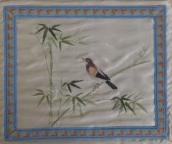 A C19th Chinese embroidery on silk, bird on a bamboo branch, 28 x 23cm