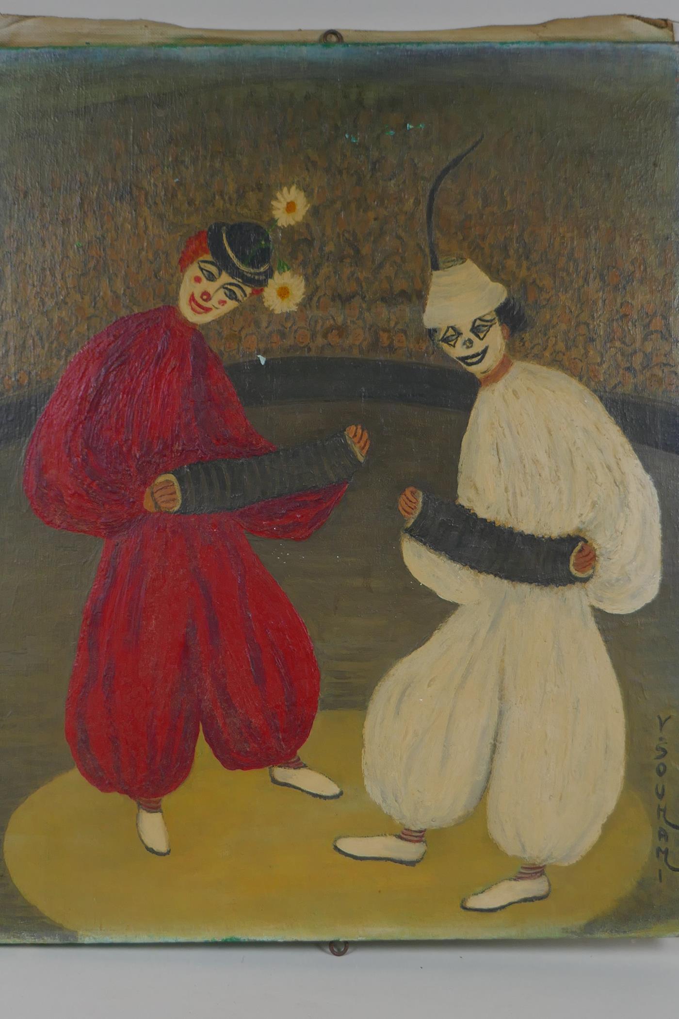 Violet Souhami, naive portrait of two clowns, oil on canvas, 38 x 46cm