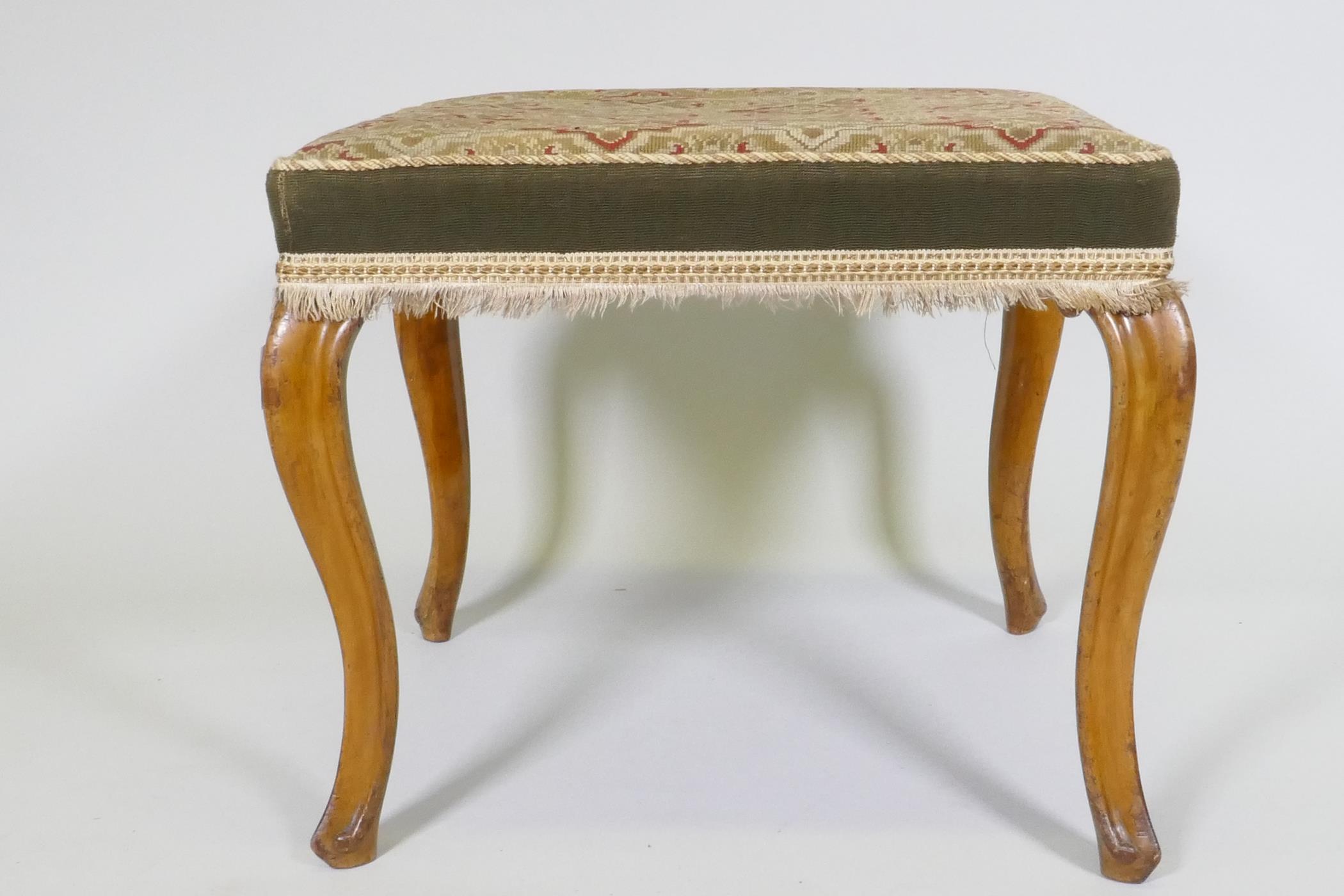 A Victorian walnut stool with tapestry cover, raised on cabriole supports, 53 x 53 x 46cm - Image 3 of 4