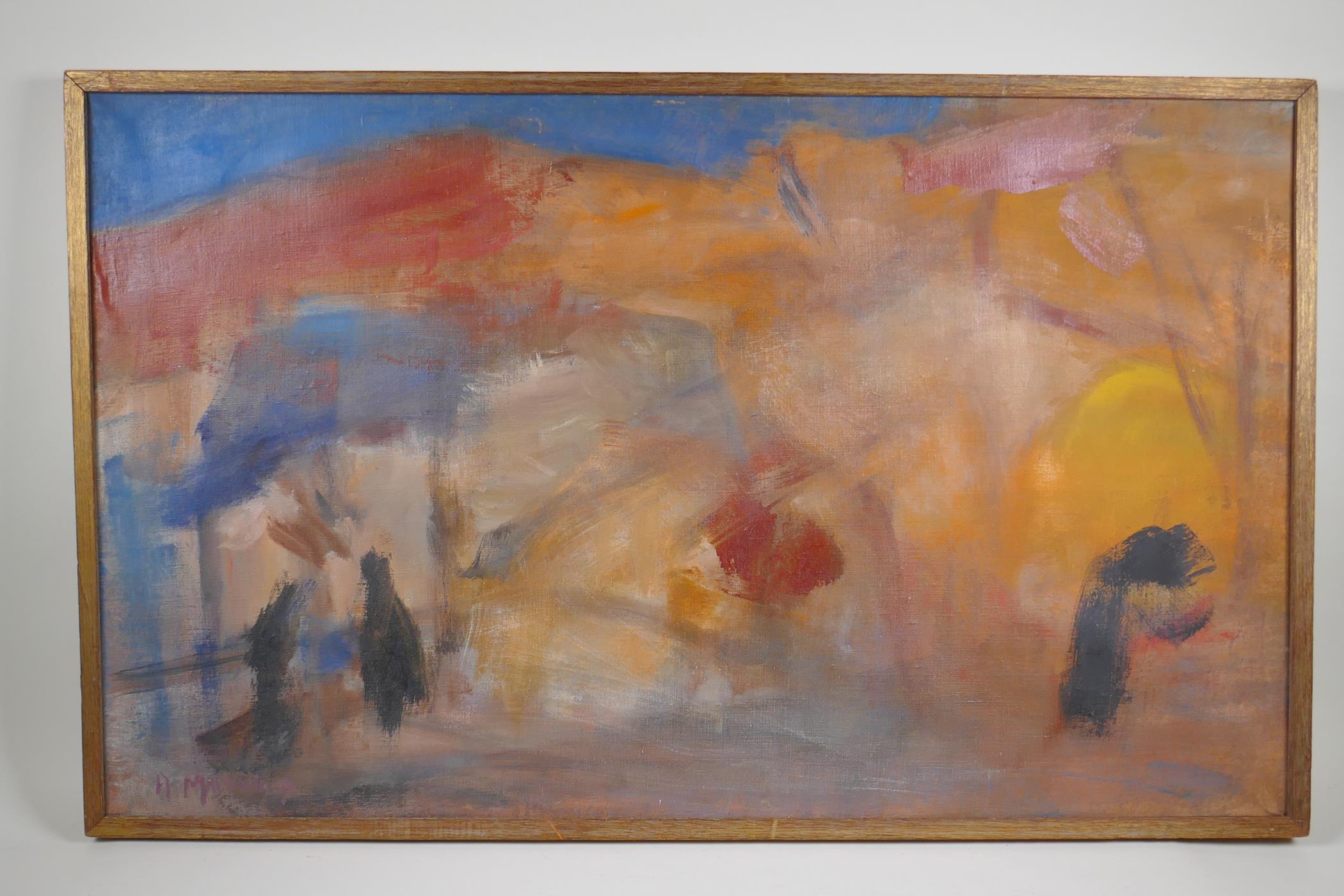 A. MacDonald, abstract landscape, signed, early C20th, oil on canvas, 55 x 91cm - Image 2 of 4