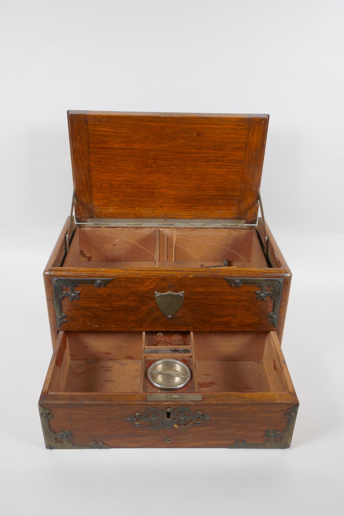 An antique oak smokers companion box with silver plated mounts, 33 x 20cm, 18cm high - Image 2 of 4