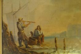 Fisherman with telescope looking out to sea, oil on canvas laid on panel, unsigned, C19th, 27 x 20cm