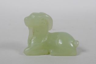 A Chinese carved celadon jade ram, 5cm long