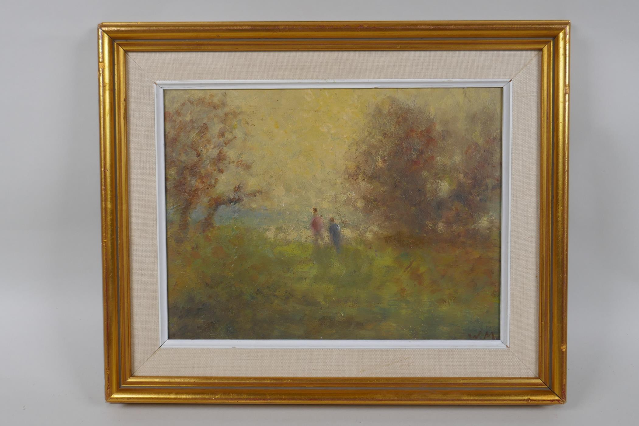 William Mason, figures by a woodland pond at sunset, monogrammed, oil on board, 19 x 25cm - Image 2 of 4