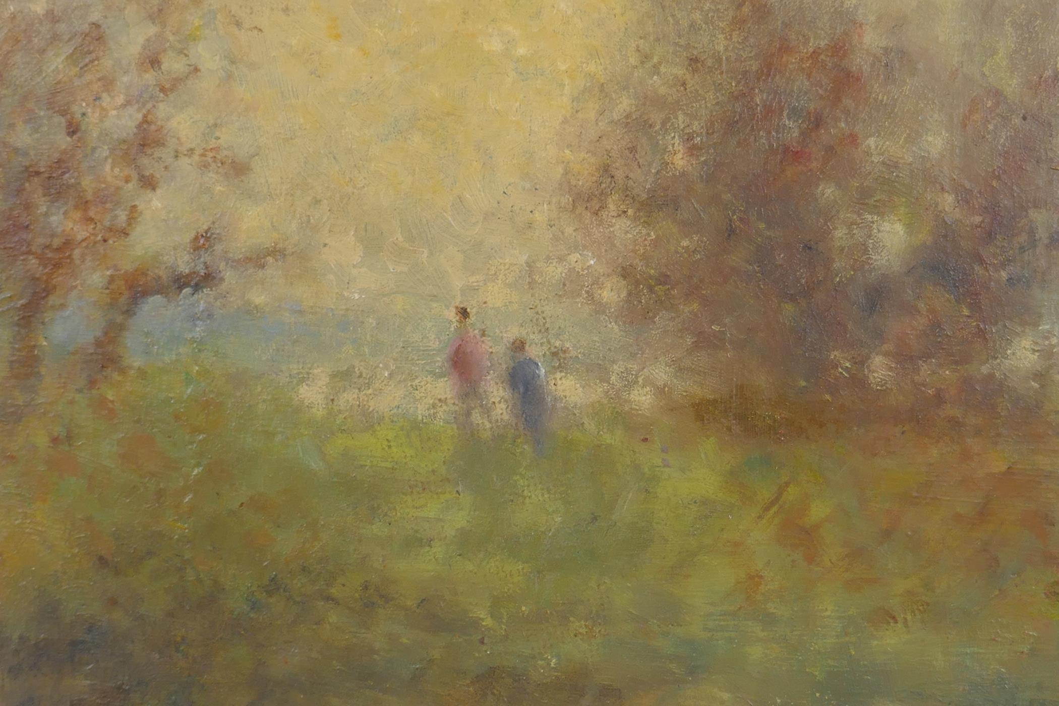 William Mason, figures by a woodland pond at sunset, monogrammed, oil on board, 19 x 25cm