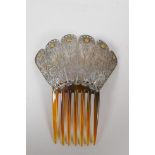 An antique Indian silver filigree mounted hair slide, 12cm