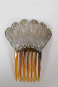 An antique Indian silver filigree mounted hair slide, 12cm