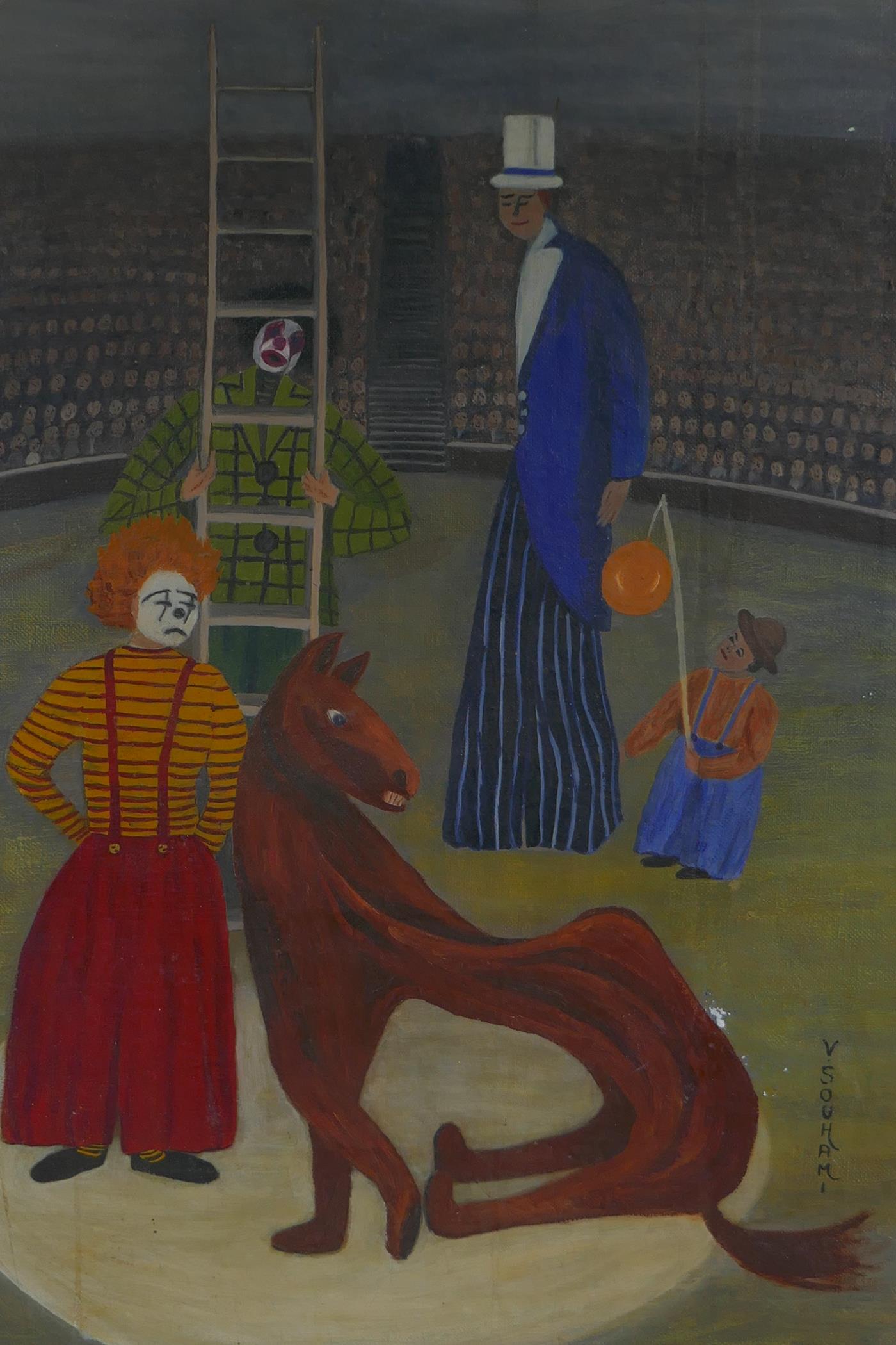 Violet Souhami, naive circus scene, oil on canvas, 40 x 55cm - Image 2 of 5