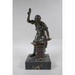 After Adrien Etienne Gaudez, bronze figure of a blacksmith, on a marble base, 32cm high