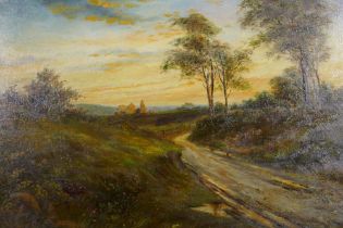 D. Sherrin, landscape with track and ruined building, signed, oil on canvas, re-lined, 77 x 51cm