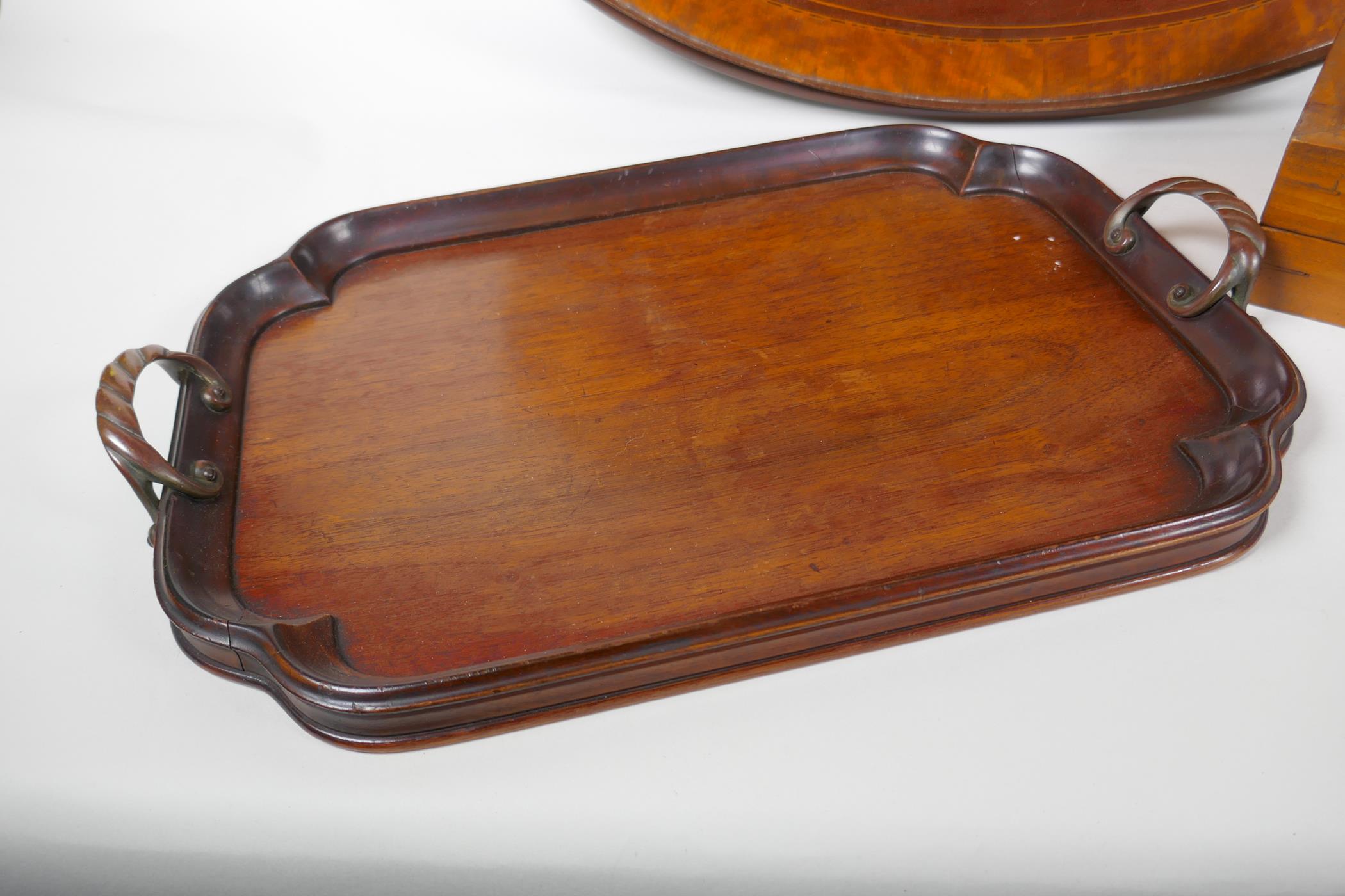 An antique inlaid mahogany oval serving tray, a smaller mahogany serving tray and a chess board, - Image 3 of 5