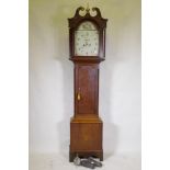 C19th oak long case clock, the case with banded veneer, and inlaid shell decoration, the painted