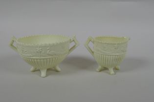 Two Victorian Sowerby patent ivory Queens Ware glass pots with peacock decoration, 8cm diameter