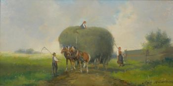 Landscape with figures and horse drawn hay cart, indistinctly signed, antique oil on panel, 13 x