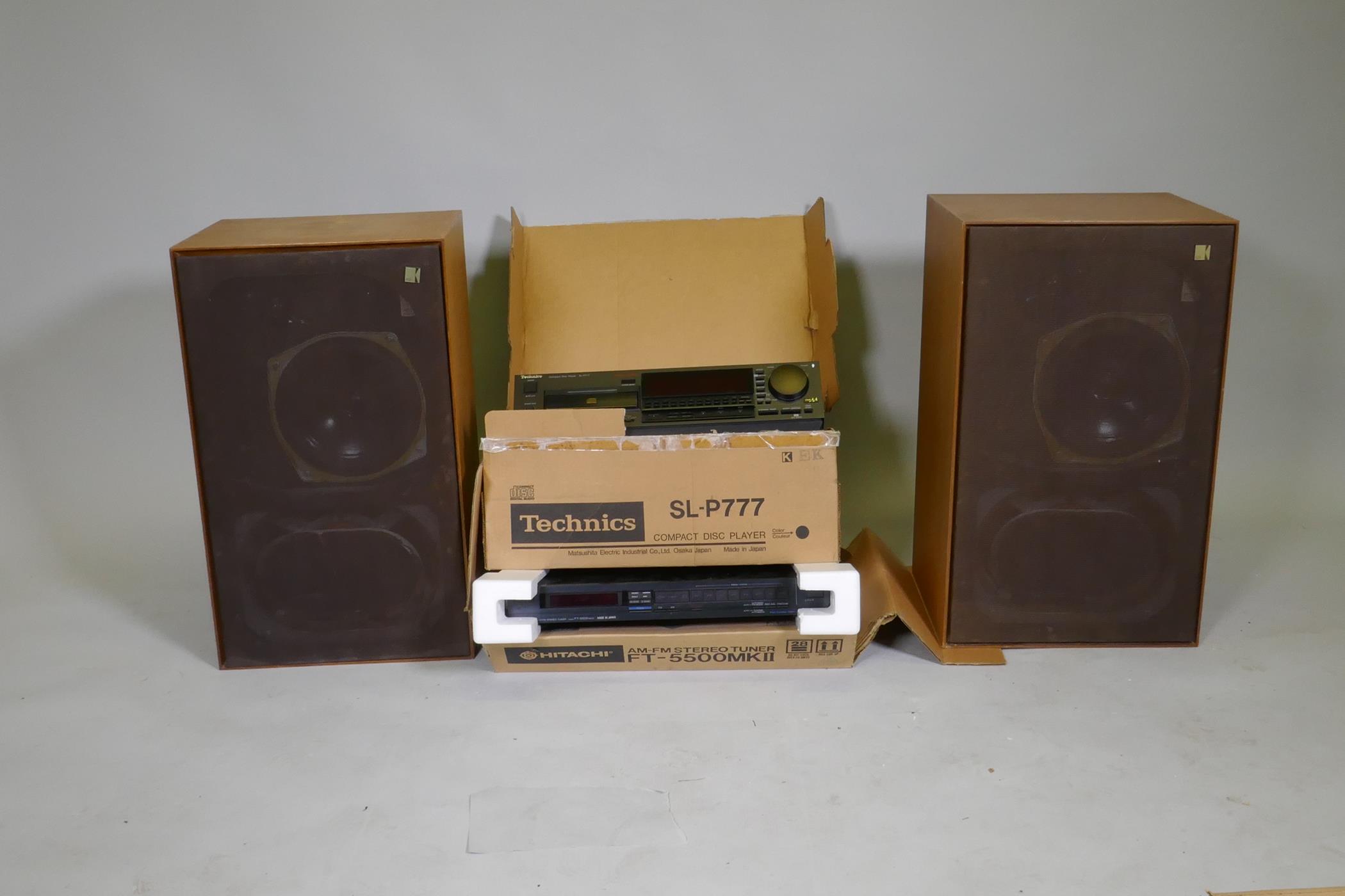 A pair of Kef Cadenza SP1024 speakers in teak cases, 60cm high, Hitachi FT-5500MKII AM-FM stereo