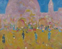 Figures at a continental town square, possibly Venice,  impressionist style, oil on board, 24 x 29cm