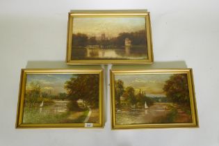 J. Lewis, Isleworth Church and Twickenham Ferry, a pair, signed, oils on board, 37 x 24cm, and