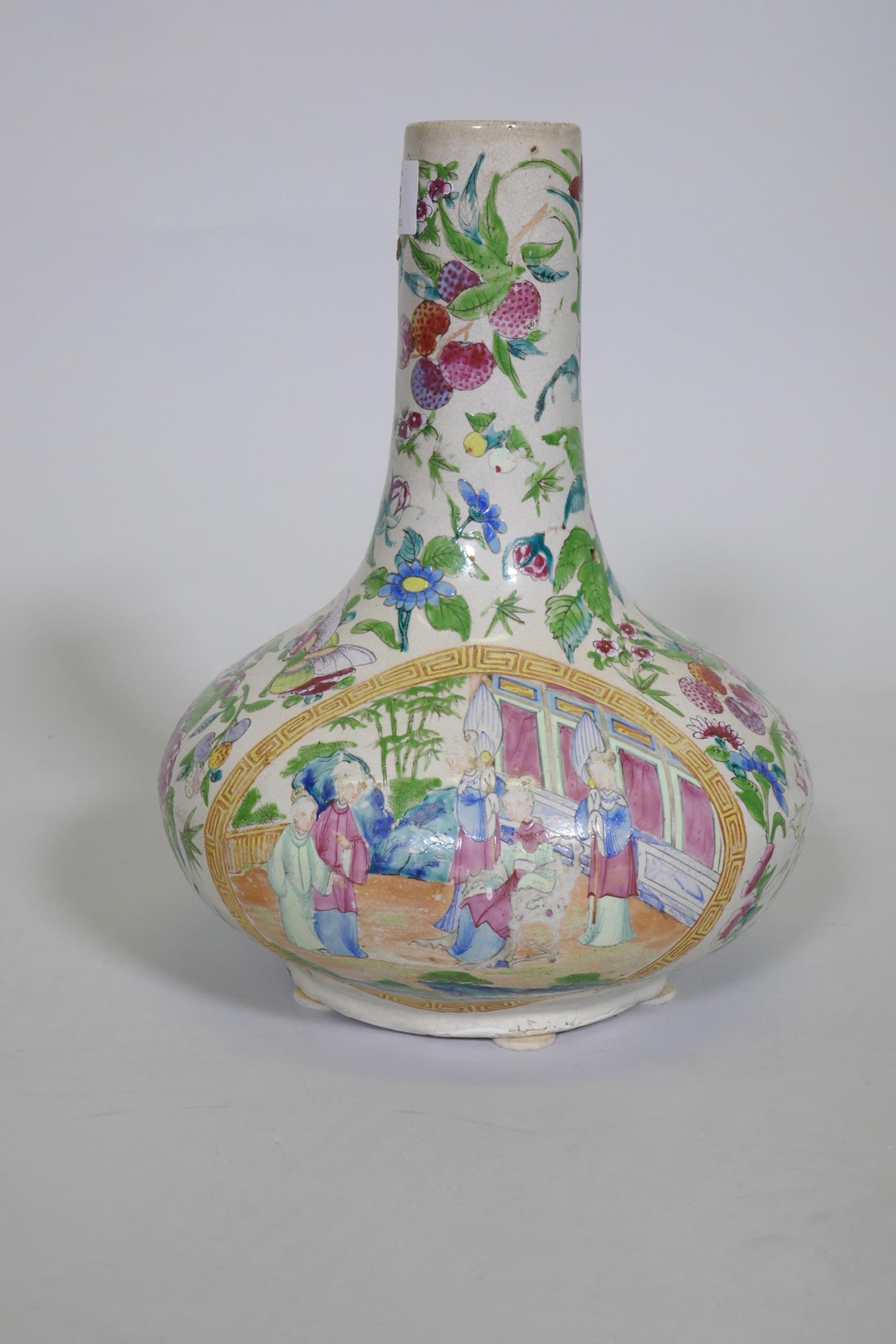 A Cantonese ceramic vase with famille rose decoration, drilled to side, chip to rim, probably