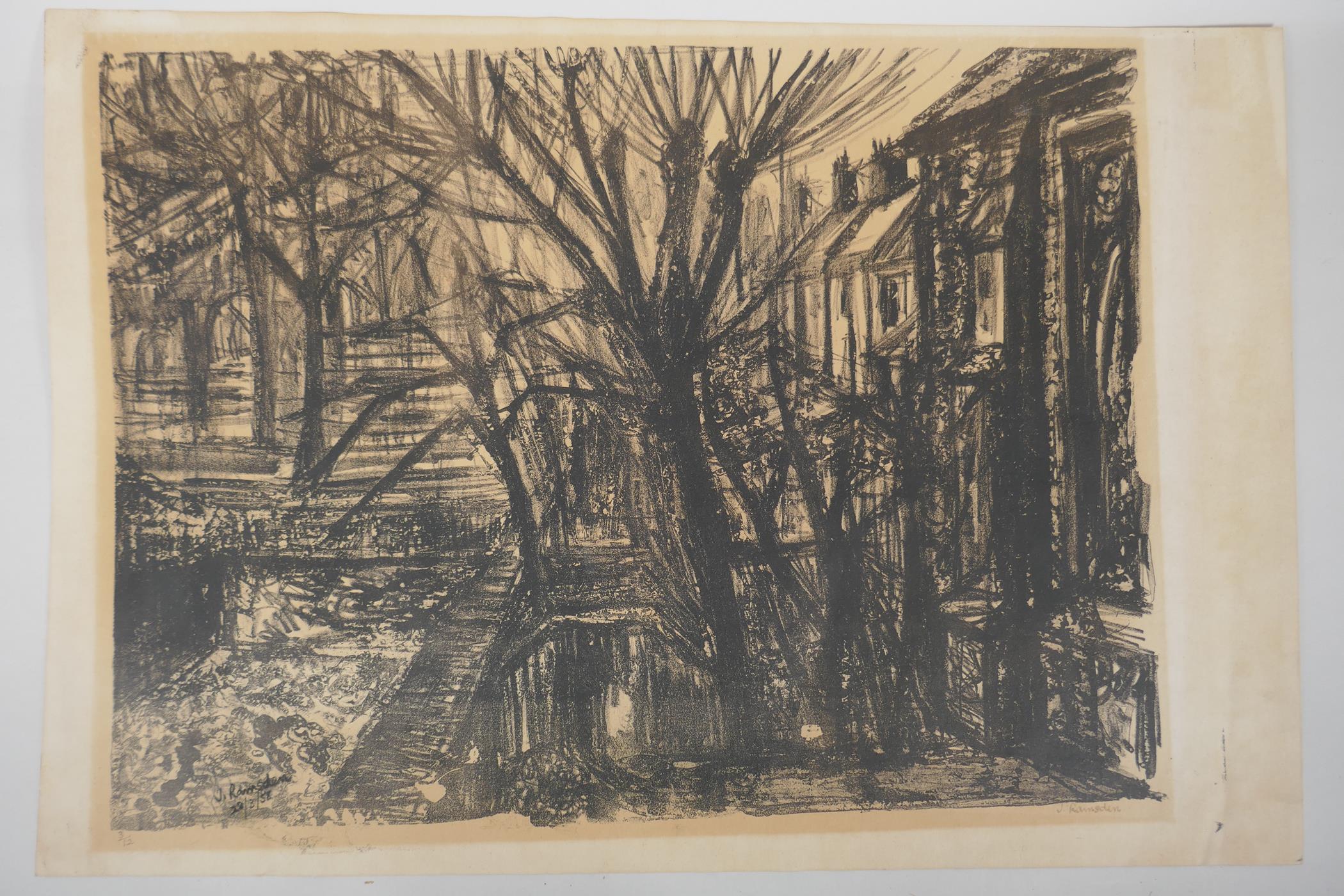 'Fettes', signed Edwin Ladell, and a wooded path by dwellings, signed J. Ramsden, both unframed - Image 6 of 8