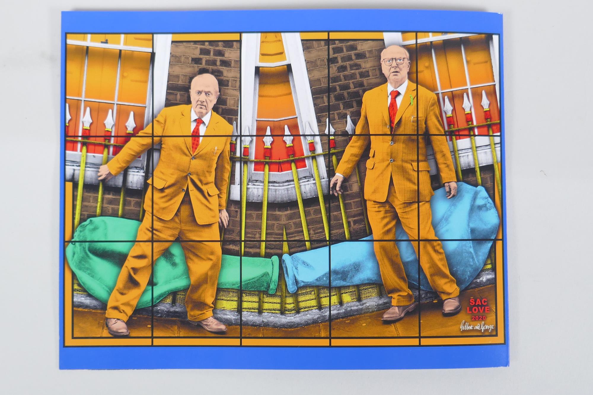Gilbert & George, a signed postcard/flyer for the 2019 Harrow School exhibition, and a larger signed - Image 7 of 7