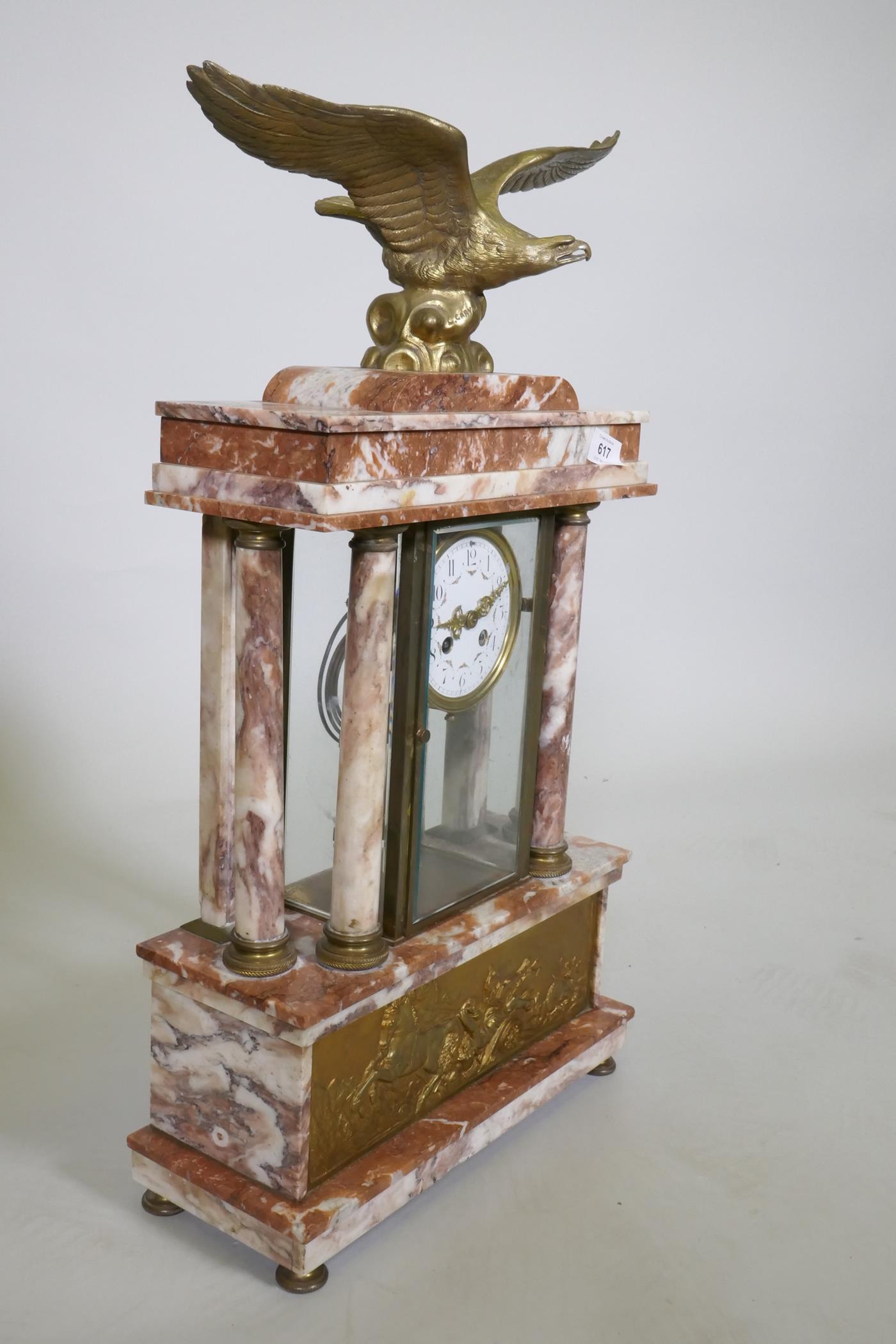 A C19th French rouge marble clock with bronze mounts, the case surmounted by an eagle signed L. - Image 6 of 8