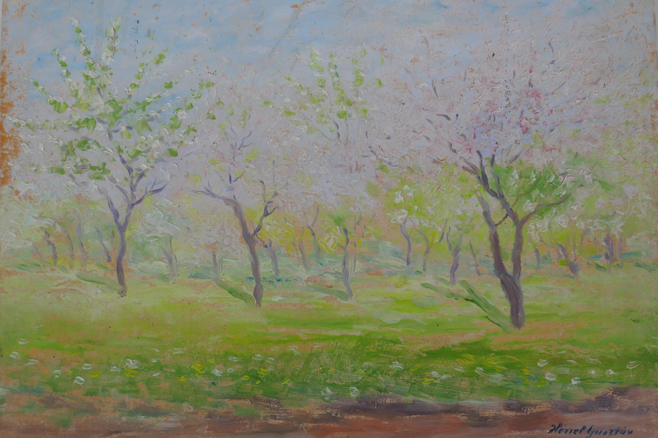 Coastal landscape, signed Viktor Aulik, and a view of an orchard in spring, signed Guszstav Henel, - Image 4 of 6