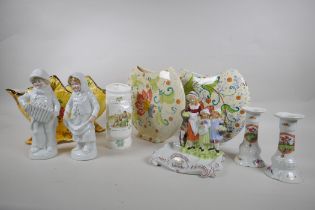A pair of Staffordshire flat back vases, Italian pottery vases, continental porcelain figures,
