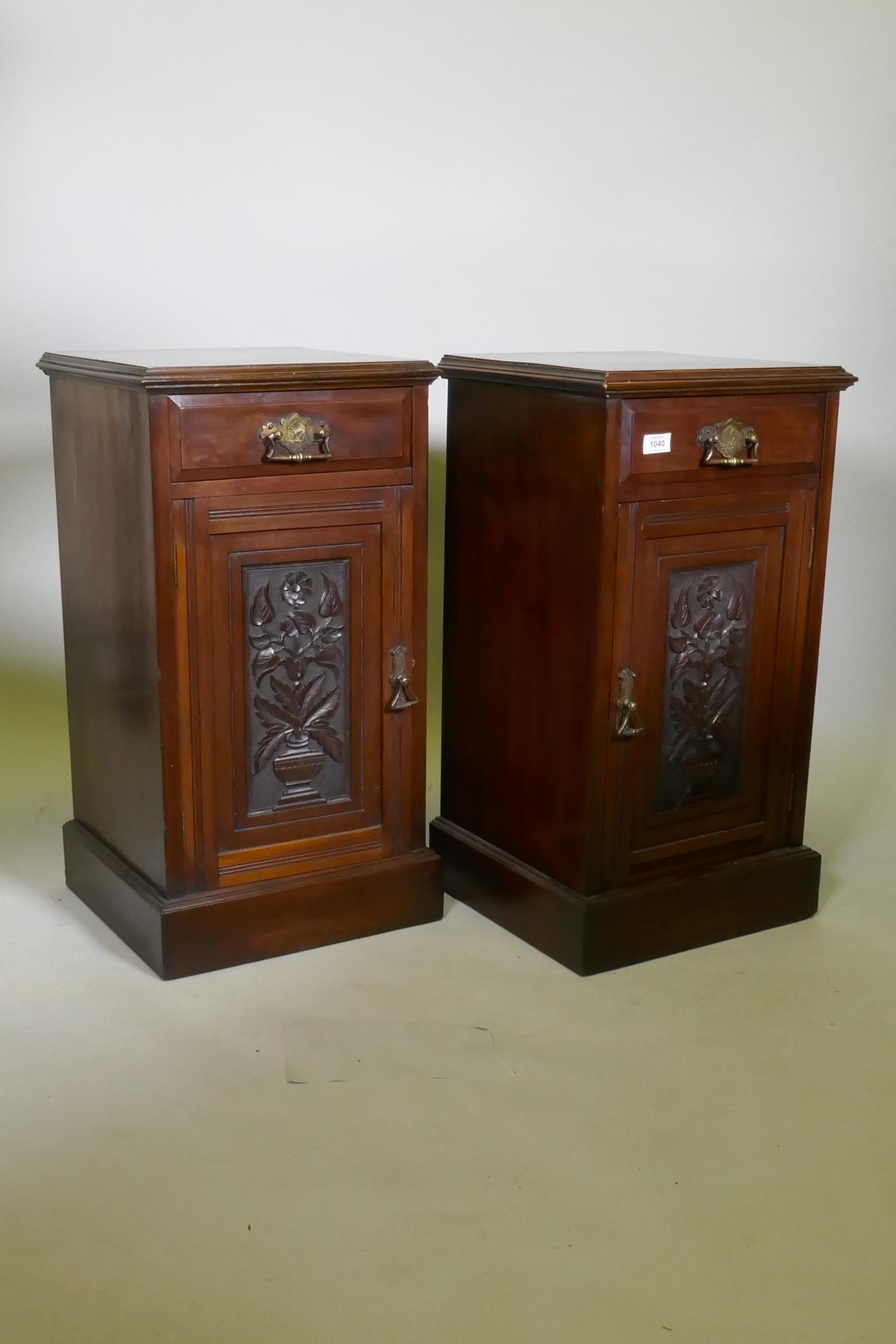 A pair of Victorian walnut bedside cabinets with single drawer over carved cupboard door, raised - Image 4 of 4