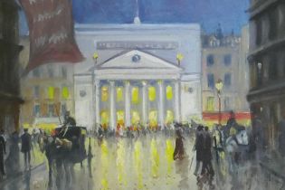 Roland Doemest ?, Haymarket Theatre, signed verso, mid C20th, oil on canvas, 24 x 19cm