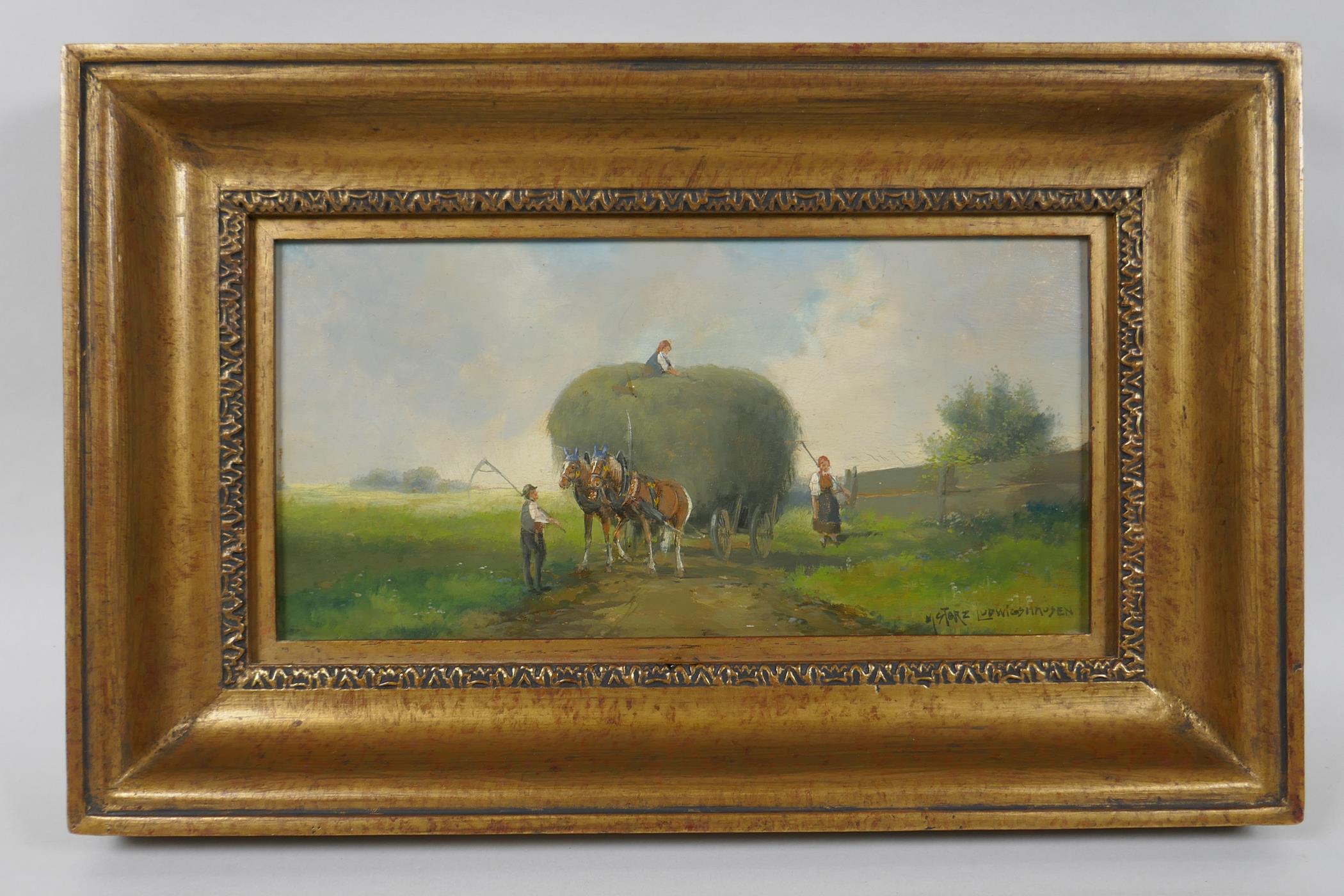 Landscape with figures and horse drawn hay cart, indistinctly signed, antique oil on panel, 13 x - Image 2 of 4