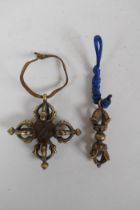 A small Tibetan bronze double vajra pendant and a similar sized vajra pendant, 6 x 6cm