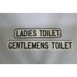 Two vintage metal signs, Ladies and Gentlemens toilets, largest 106cm