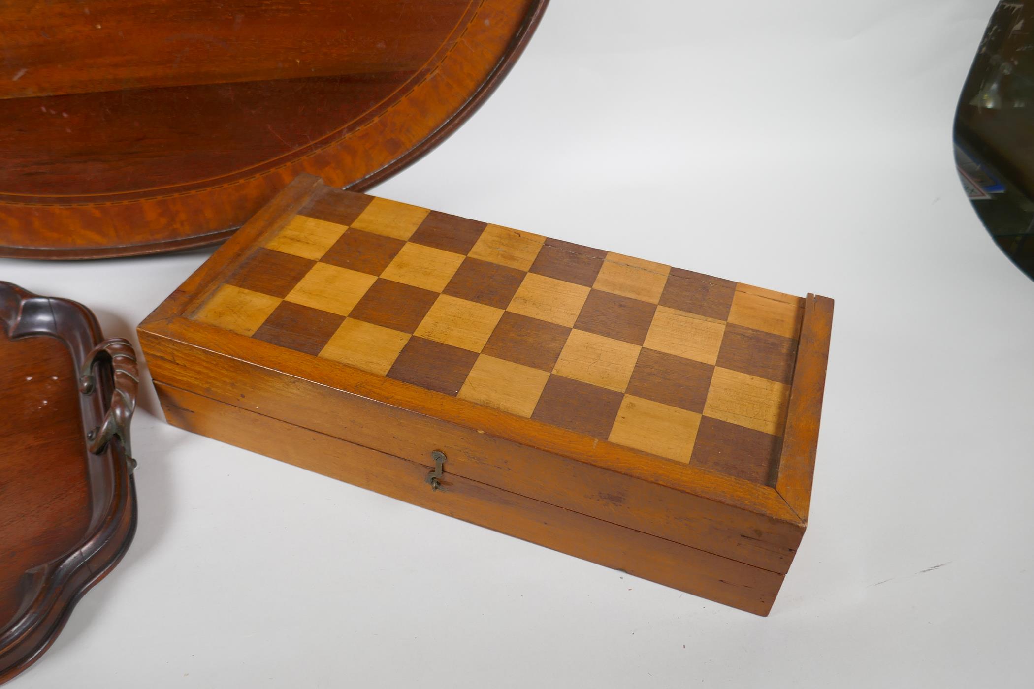 An antique inlaid mahogany oval serving tray, a smaller mahogany serving tray and a chess board, - Image 4 of 5