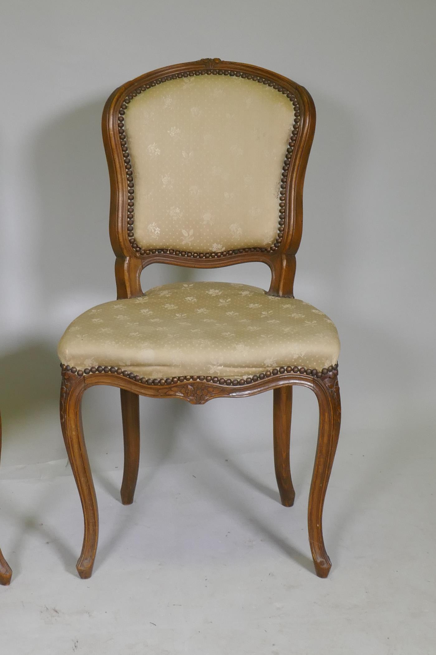 A pair of C19th French beechwood side chairs with carved decoration and brass stud detail - Image 2 of 3
