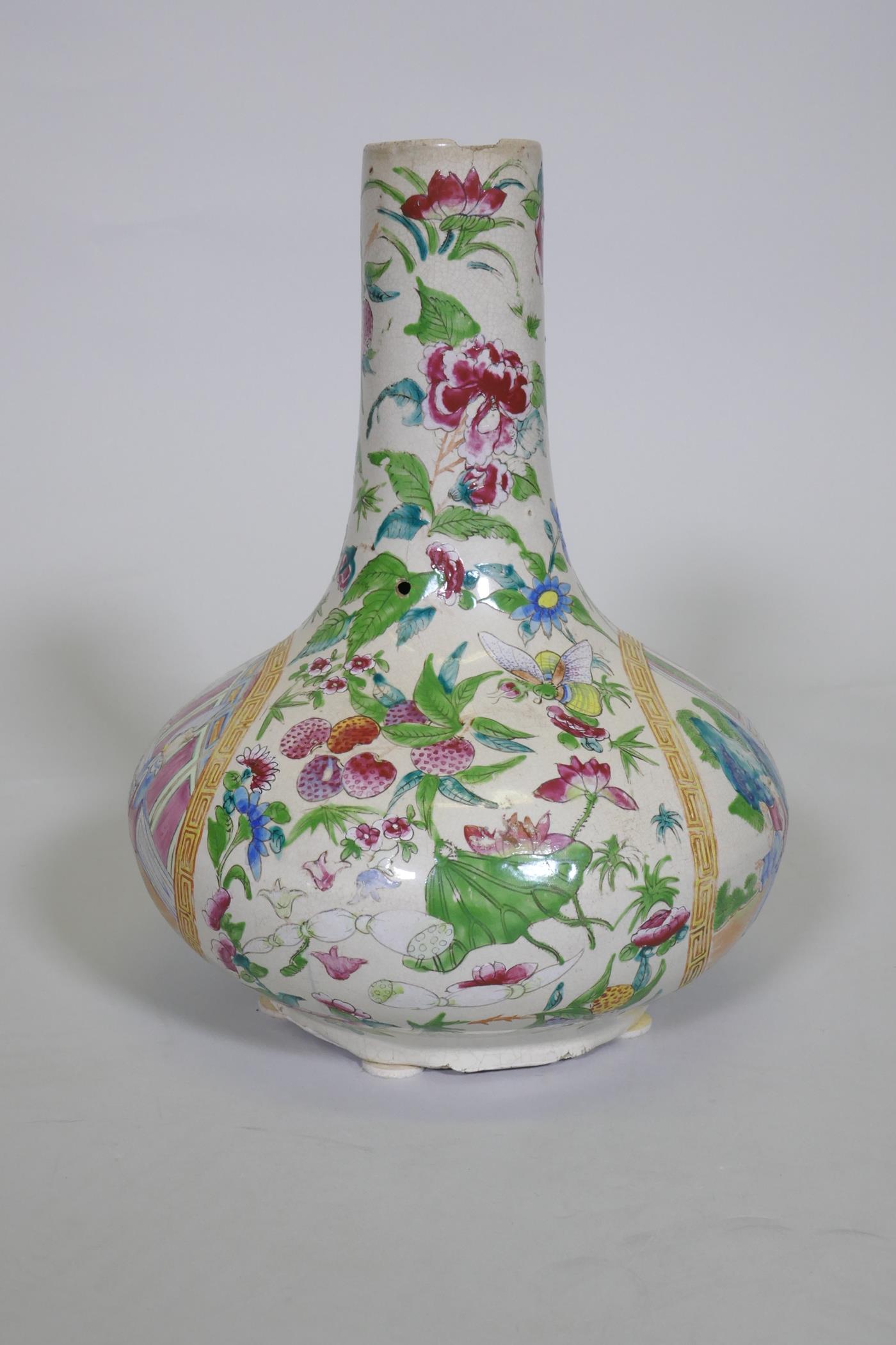 A Cantonese ceramic vase with famille rose decoration, drilled to side, chip to rim, probably - Image 4 of 11