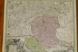 An C18th hand coloured engraved map of Austria/Stiria, in a birds eye maple veneered frame, 53 x