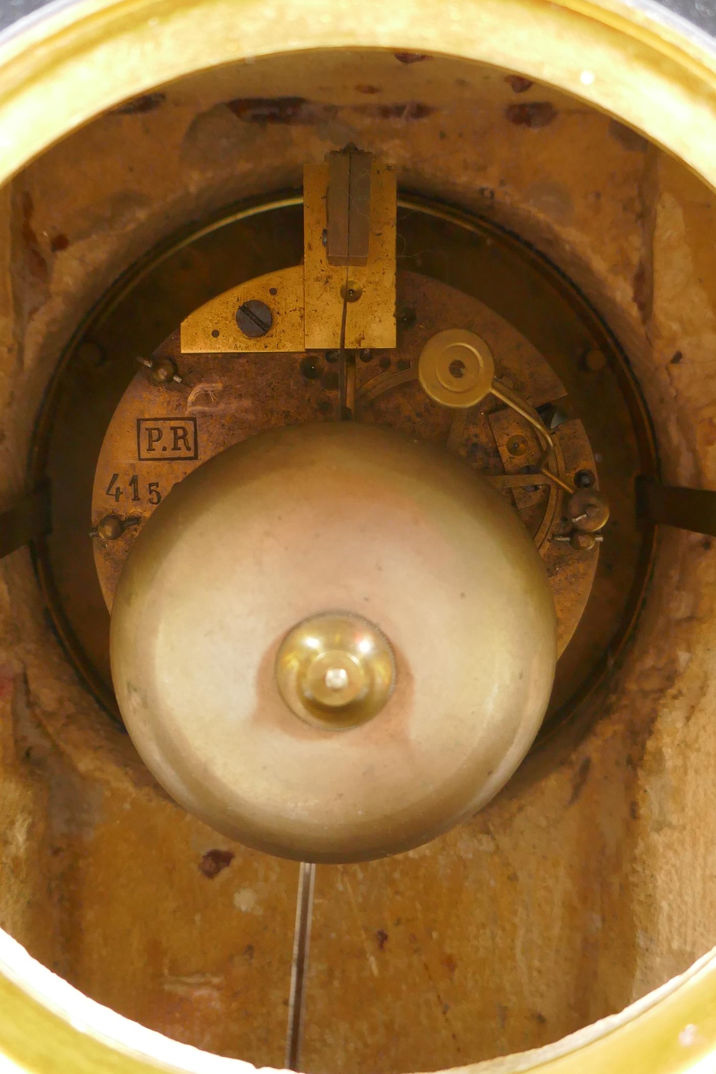 A late C19th French slate mantel clock, with an enamel dial and Roman numerals, the movement - Image 3 of 4