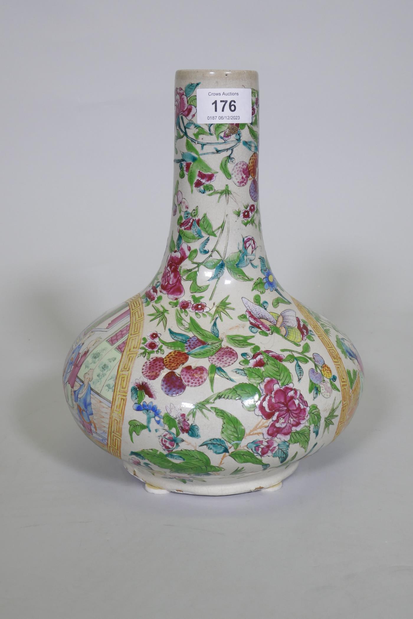 A Cantonese ceramic vase with famille rose decoration, drilled to side, chip to rim, probably - Image 2 of 11