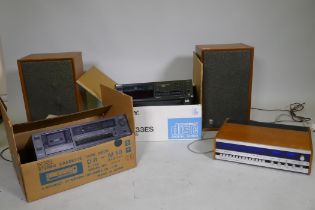 A pair of Dynatron LB151 speakers in teak cases, 50cm high, Sony CDP X33ES compact disc player,