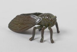 A Japanese style bronze okimono cicada, 5cm long